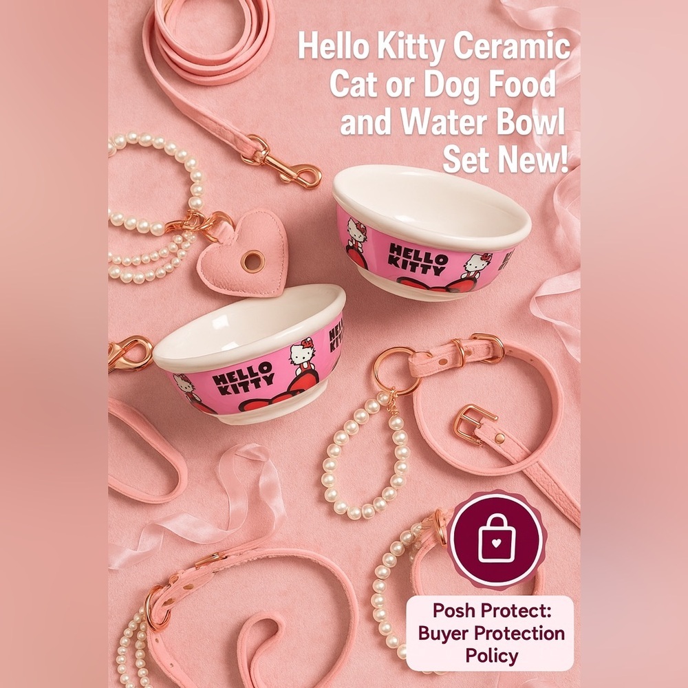 Hello Kitty Pink Ceramic Cat & Dog Food Water Bowl Set NWT